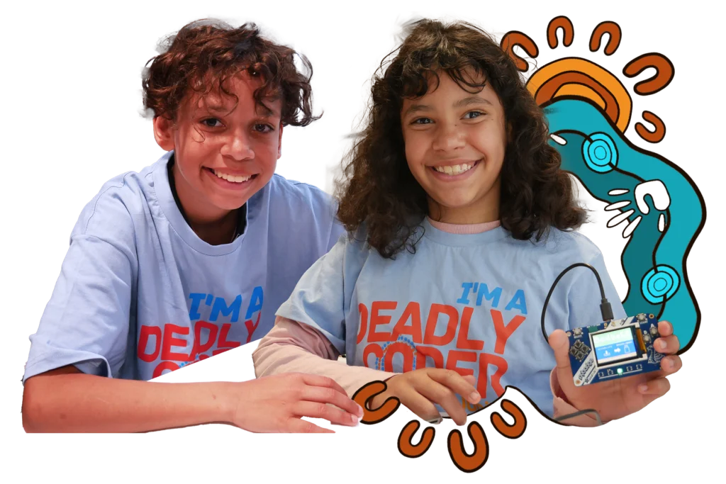 An indigenous boy and girl participate in a Deadly Coders program