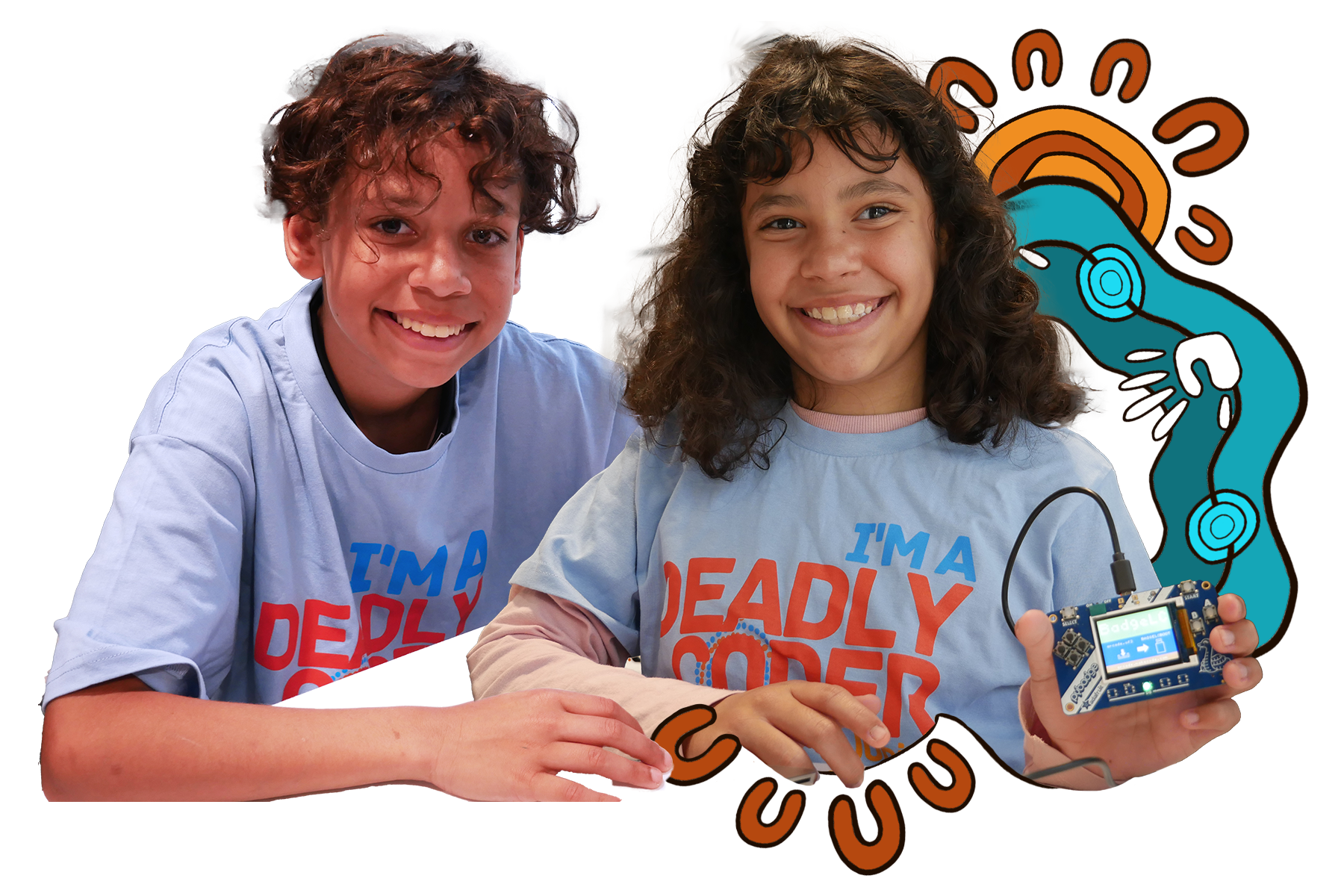 An indigenous boy and girl participate in a Deadly Coders program